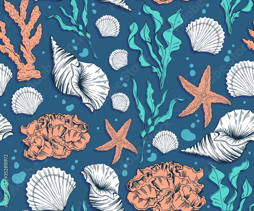marine seamless pattern with corals, shells and algae