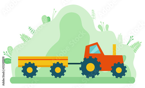 Tractor with trailer, agricultural vehicle, seasonal work. Harvesting machine, countryside sign, accumulation and attraction of capital, transport vector © robu_s