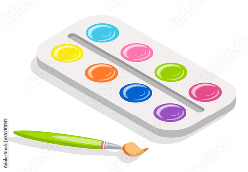 Palette of colors for painting with tassel, brash and pencil vector for drawing paintings. Contains shades red and yellow green and blue, brown and violet. 3d isometric. Equipment for watercolor paint