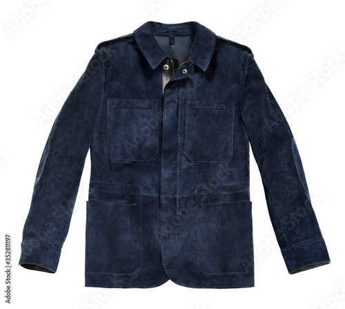 Dark blue men's leather Jacket, isolated, outfit for man. Men`s leather jacket on a white background isolated.  © ESH