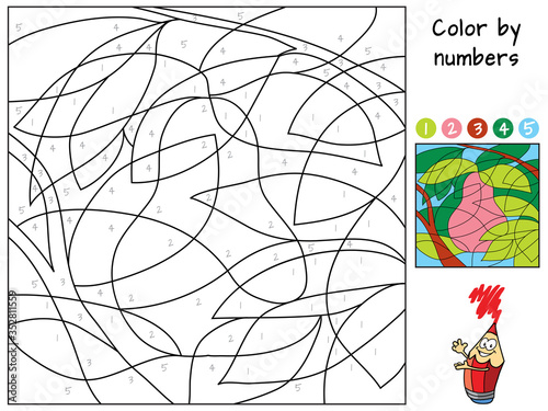 Pear on a branch. Color by numbers. Coloring book. Educational puzzle game for children. Cartoon vector illustration