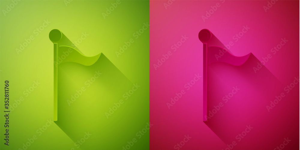 Paper cut Flag icon isolated on green and pink background. Location marker symbol. Paper art style. Vector Illustration Paper cut Flag icon isolated on green and pink background. Location marker symbol. Paper art style. Vector Illustration