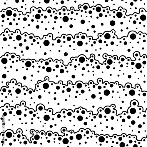 Soap bubbles. Sea and ocean waves. Seamless pattern. Cleaning concept. Water background. Wavy seacoast with bubbles. Design prints. Black and white river backdrop. Summer seascape. Vector illustration