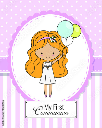 First communion card. Little girl with colored balloons	