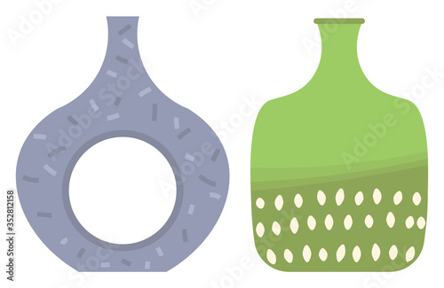 Set of striped vase isolated on white. Crockery decorative jar with waves ornament, color pot in flat style design, ceramic flowerpot. Handmade items from clay. Vase for flowers. Vector illustration