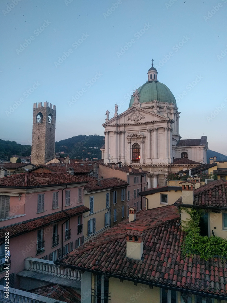 New Cathedral and red roofs of Brescia, Lombardy, Italy.