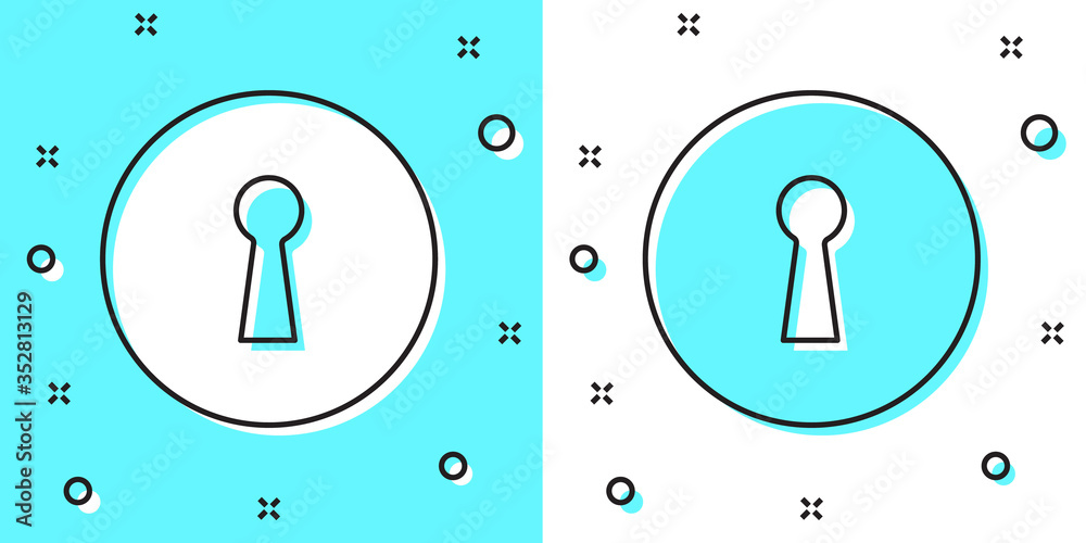 Black line Keyhole icon isolated on green and white background. Key of success solution. Keyhole express the concept of riddle, secret, security. Random dynamic shapes. Vector Illustration Black line Keyhole icon isolated on green and white background. Key of success solution. Keyhole express the concept of riddle, secret, security. Random dynamic shapes. Vector Illustration