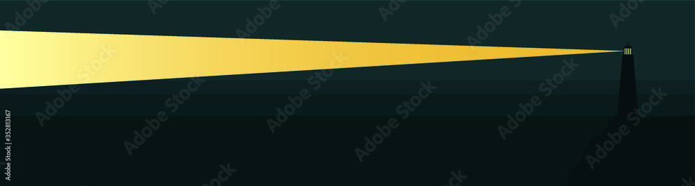 At night, in the dark, the lighthouse illuminates the waters of the sea, pointing the way for ships and vessels to the port. Vector illustration.