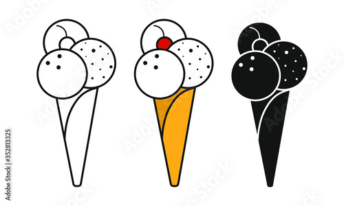Set of vector ice cream cones isolated on white background. Outline, silhouette and colored ice cream cones. Food design elements for the menu, bakery logo, web, postcards.
