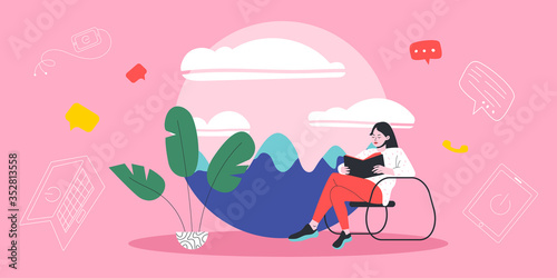 Digital detox. A young woman is sitting in a chair and reading a book on the background of a beautiful landscape. All technologies are currently disabled. Flat vector illustration.