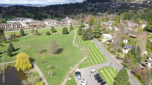 Aerial / drone footage of Medina Park in Medina with Belleview in the backdrop near Seattle, Washington during the COVID-19 pandemic photo