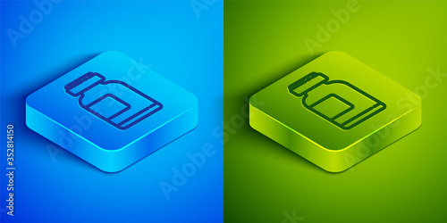 Isometric line Sports nutrition bodybuilding proteine power drink and food icon isolated on blue and green background. Square button. Vector Illustration
