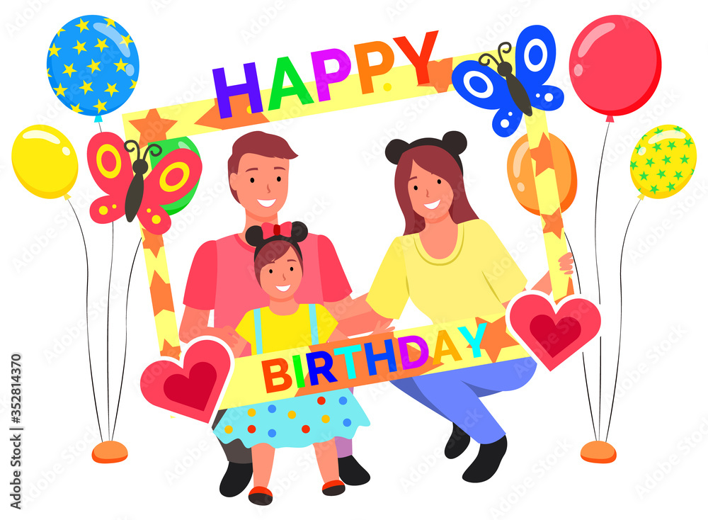 Happy birthday celebration vector, isolated mom and dad with child. Mother and father with daughter taking photo in photozone with butterflies and balloons, hearts and decorative accessories