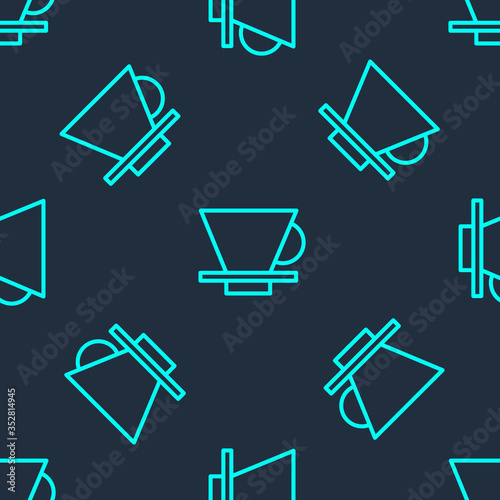 Green line V60 coffee maker icon isolated seamless pattern on blue background. Vector Illustration