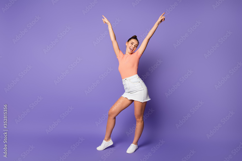 Full length body size view of her she nice attractive lovely cheerful cheery girl dancing having fun rising hands up chill isolated on bright vivid shine vibrant lilac violet purple color background Full length body size view of her she nice attractive lovely cheerful cheery girl dancing having fun rising hands up chill isolated on bright vivid shine vibrant lilac violet purple color background
