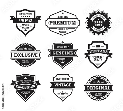 Retro style flat badges set. Vintage shield emblems, exclusive design labels and ribbon logo isolated vector illustration collection. Premium quality and limited edition concept