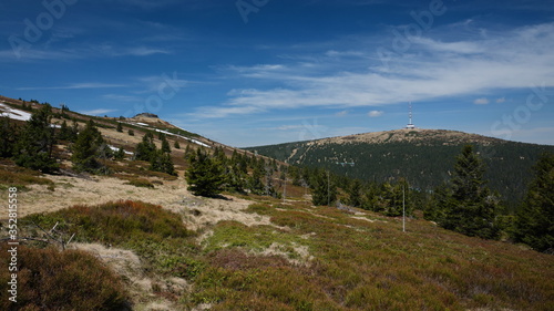 View of Petrovy Kameny and Praded transmitter tower in Jeseniky mountain ridge. Czech Republic photo