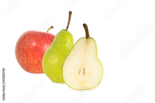 Half and whole juicy ripe pear and apple isolated on white background
