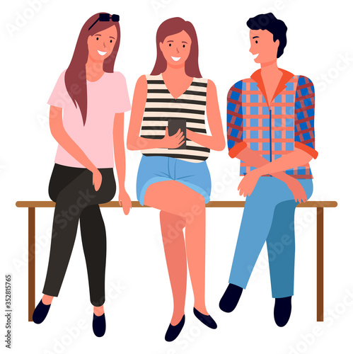 Friends talking and having fun together vector, isolated man and woman. Couple sitting on wooden bench, lady with mobile phone showing photos from trip