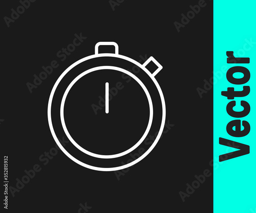 White line Stopwatch icon isolated on black background. Time timer sign. Chronometer sign. Vector Illustration