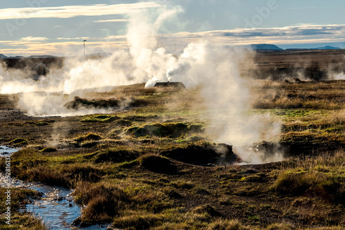 The Geysir area in Iceland is full of puddles with very high temperature water emitting sulfur-smelling water vapor