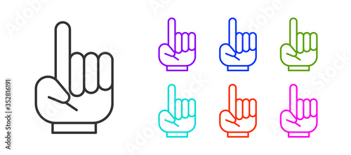 Black line Number 1 one fan hand glove with finger raised icon isolated on white background. Symbol of team support in competitions. Set icons colorful. Vector Illustration