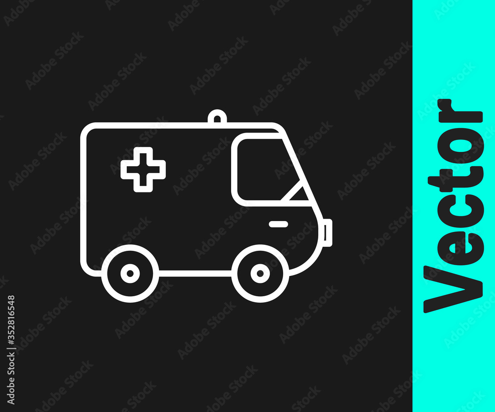 White line Ambulance and emergency car icon isolated on black background. Ambulance vehicle medical evacuation. Vector Illustration White line Ambulance and emergency car icon isolated on black background. Ambulance vehicle medical evacuation. Vector Illustration