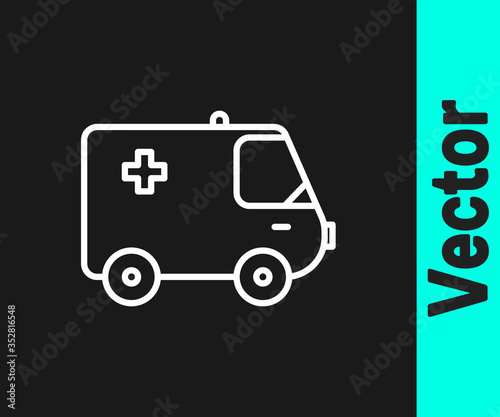 White line Ambulance and emergency car icon isolated on black background. Ambulance vehicle medical evacuation. Vector Illustration