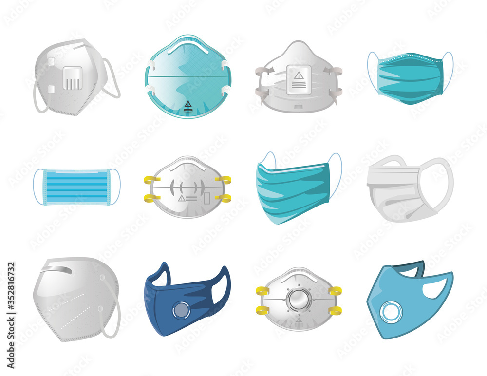 set of icons of medical mask on white background - obrazy, fototapety, plakaty 
