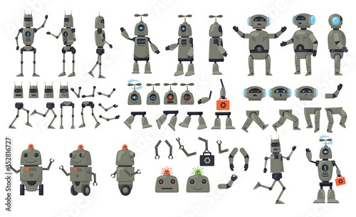 Robot cartoon characters set. Android, humanoid, cyborg, parts, arms. Flat vector illustrations for artificial intelligence, electronic machine learning, robotics concept
