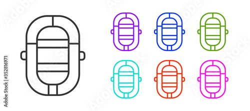 Black line Rafting boat icon isolated on white background. Inflatable boat. Water sports, extreme sports, holiday, vacation. Set icons colorful. Vector Illustration