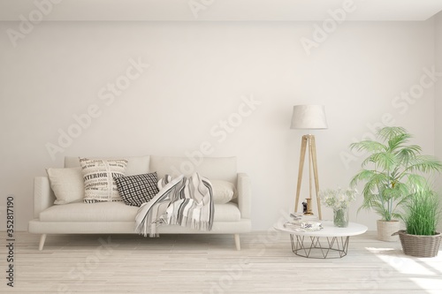 Fototapeta Naklejka Na Ścianę i Meble -  White living room with sofa. Scandinavian interior design. 3D illustration