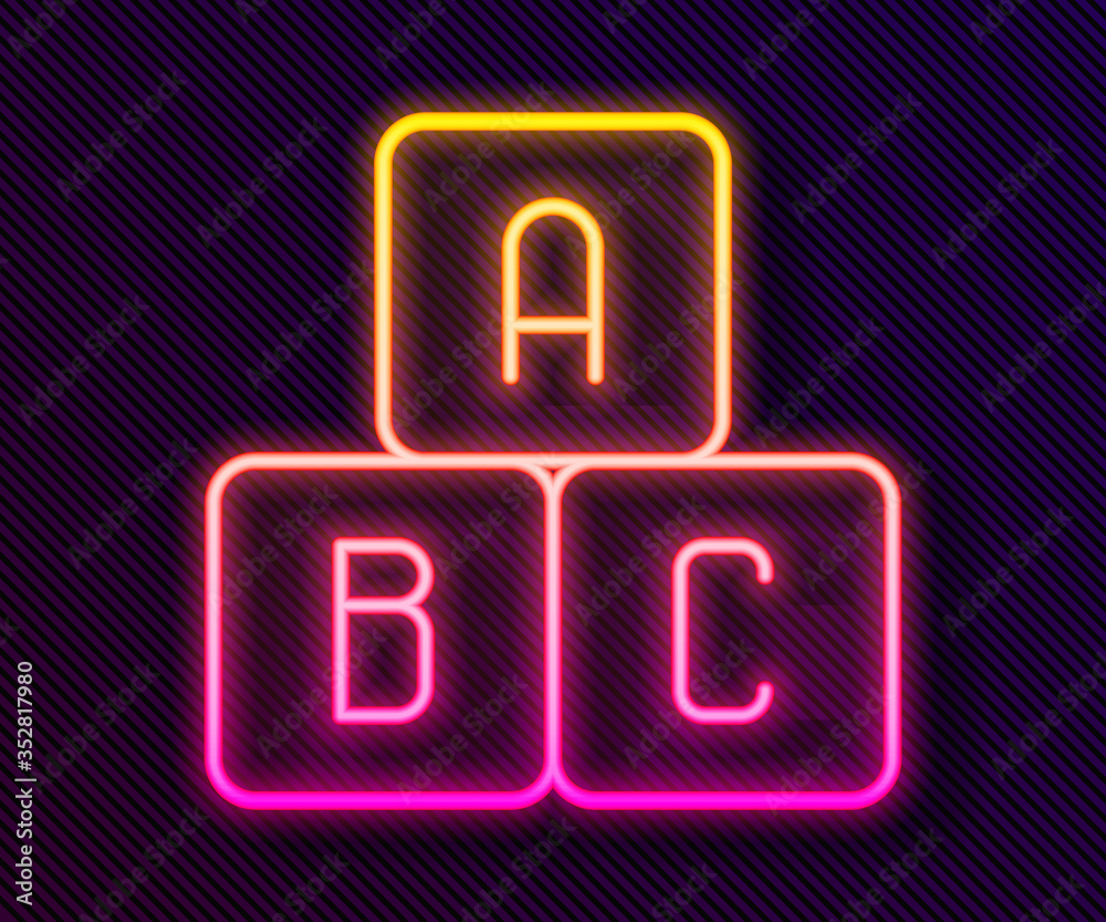 Glowing neon line ABC blocks icon isolated on black background. Alphabet cubes with letters A,B,C. Vector Illustration Glowing neon line ABC blocks icon isolated on black background. Alphabet cubes with letters A,B,C. Vector Illustration
