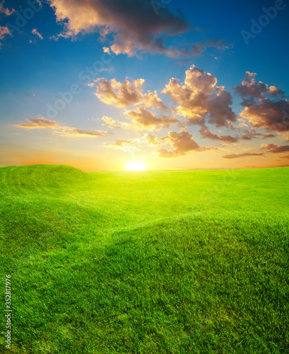 Green grass field on small hills, at sunset