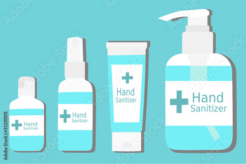 Hand sanitizer container (pump bottle, bottle, spray, tube). Disease prevention method. Avoid infection by using alcohol gel. Disinfectant product. Stop spreading contagious. Advertisement design.