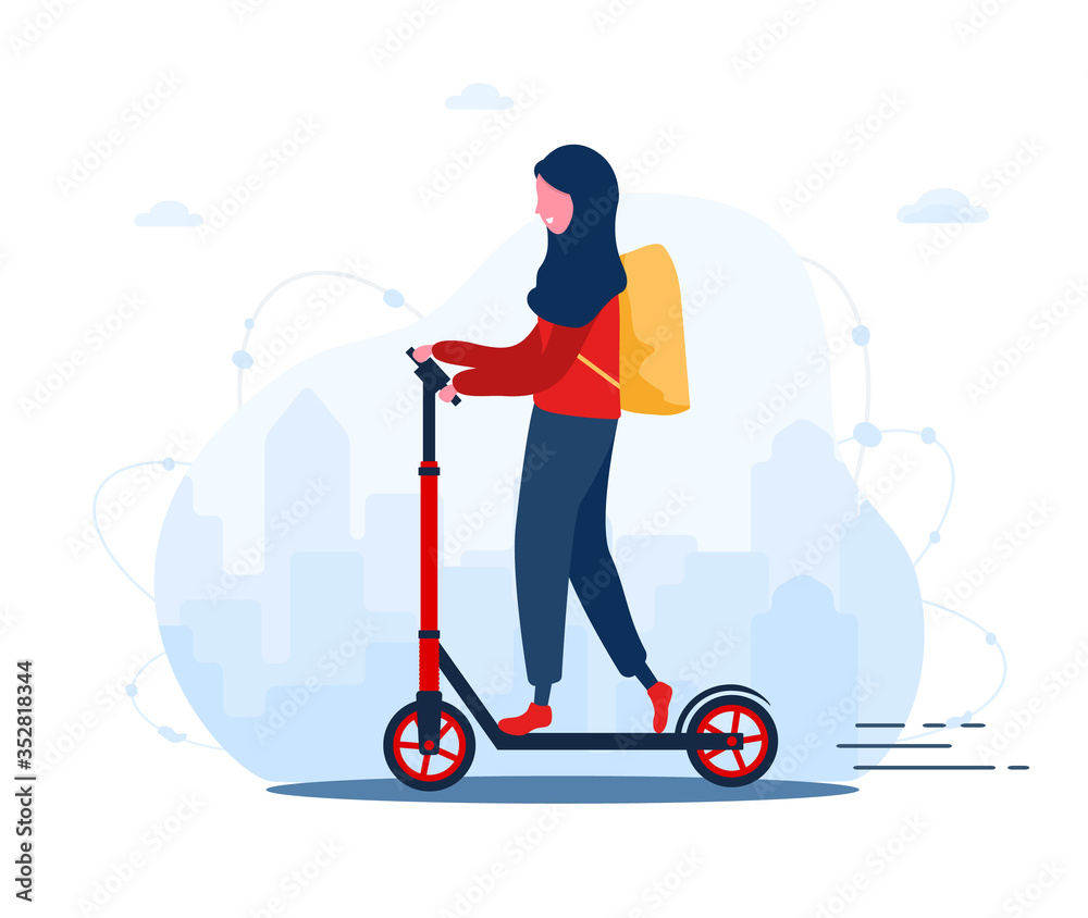 Online delivery service concept home and office. Scooter with fast arab woman courier. Shipping restaurant food, mail and packages. Modern vector illustration in flat cartoon style.
