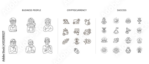 Vector icon and logo business people character avatars, creative team, bitcoin and cryptocurrency and success. Editable outline stroke size. Line flat contour, thin and linear design. Sign