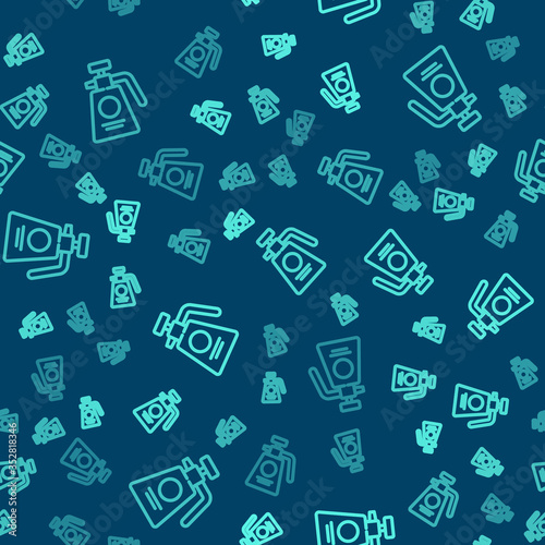 Green line Garden sprayer for water, fertilizer, chemicals icon isolated seamless pattern on blue background. Vector Illustration