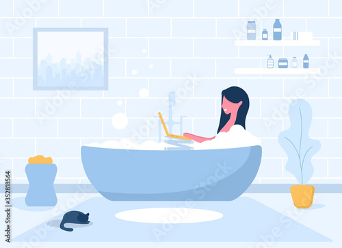 Woman freelance. Girl with laptop lying on bathtub. Concept illustration for studying, online education, work from home, communication, watching TV. Vector illustration in flat style.
