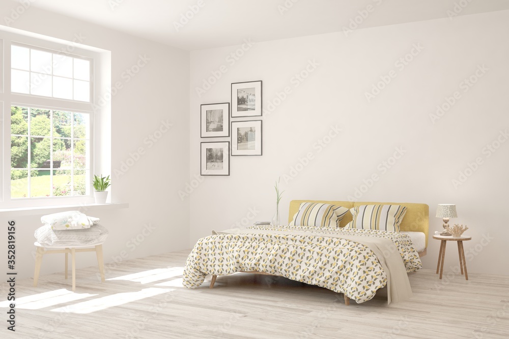 Fototapeta premium White bedroom interior. Scandinavian design. 3D illustration