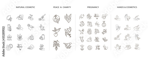 Vector icon and logo for pegnancy and gynecology, peace and charity, natural cosmetics. Editable outline stroke size. Line flat contour, thin and linear design. Simple icons. Sign, symbol
