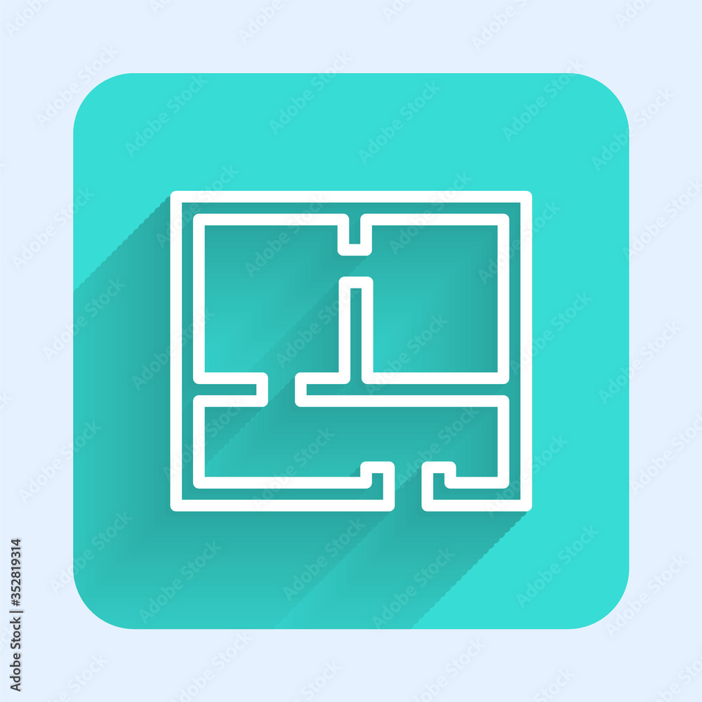 White line House plan icon isolated with long shadow. Green square button. Vector Illustration White line House plan icon isolated with long shadow. Green square button. Vector Illustration