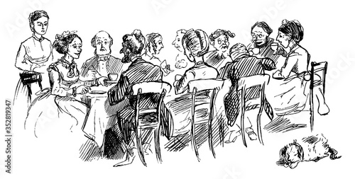 Group of men and women enjoying the dinner party, vintage illustration.