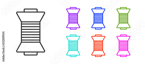 Black line Sewing thread on spool icon isolated on white background. Yarn spool. Thread bobbin. Set icons colorful. Vector Illustration