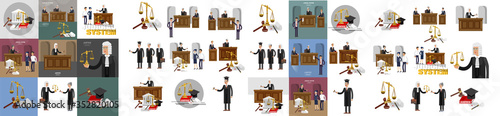 Law horizontal banner set with judical system elements isolated vector illustration