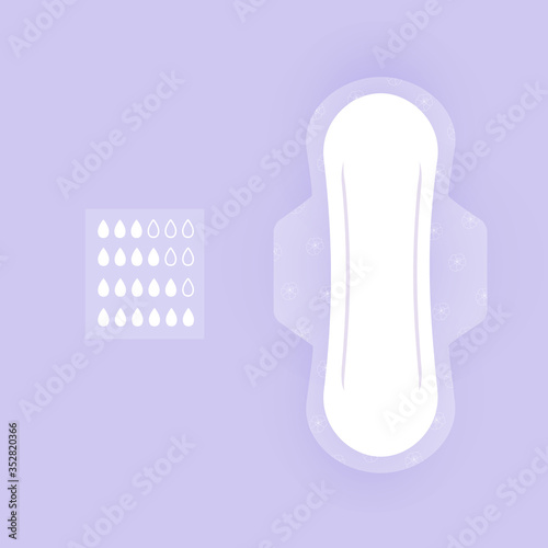 Women hygiene pad. Vector icon isolated on violet background with shadow. Hygiene pad types, feminine hygiene sanitary napkin product. Personal hygiene element in flat style.