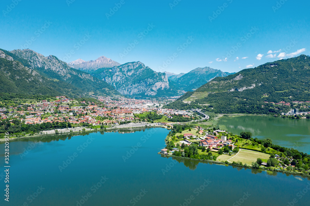 aerial view of the city of Civate and Lake Annone, Lecco province, Italy