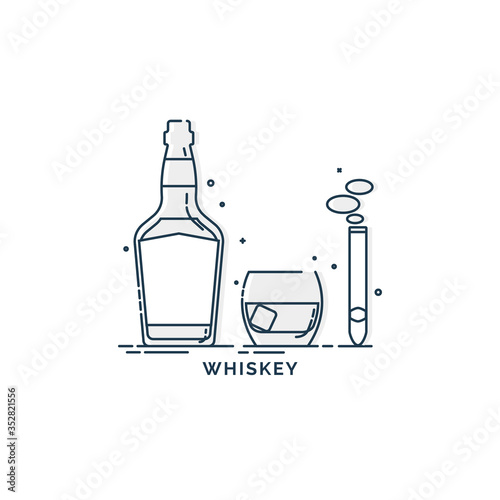 Bottle of whiskey glass with ice and a burning cigar. Set of alcoholic drink and a relaxing smoking object. Isolated flat illustration on white background. Line art design for restaurant and pub