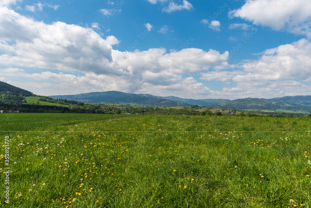 Beautiful surrounding of Jablunkov town in Czech republic with rual landscape and hills during springtime day