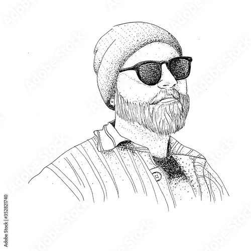 drawing a portrait of a man with glasses, a hat and a beard
